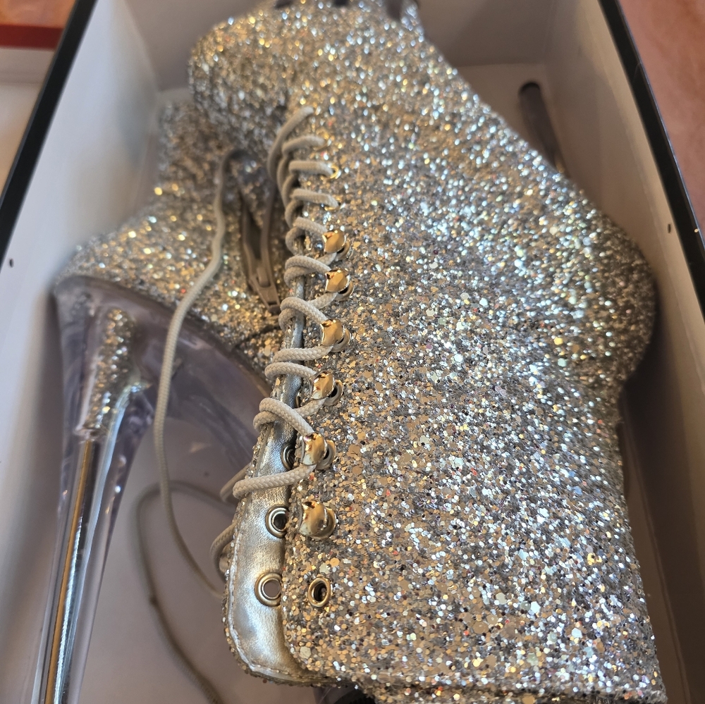 Adore Silver Glitter Heels with Lace-Up Design